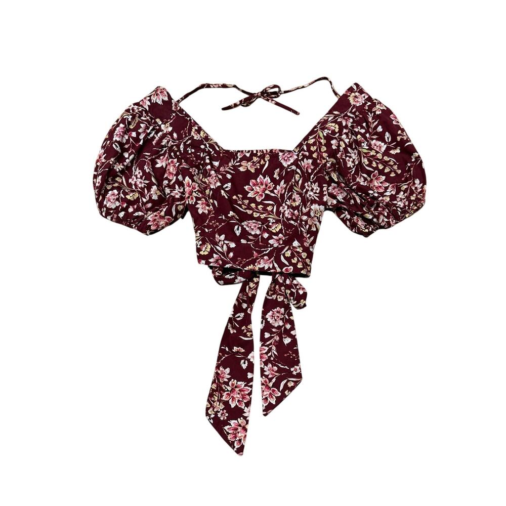 nwot UO BOG Collective dark Red floral Crop Top Small puff short sleeve Cottage